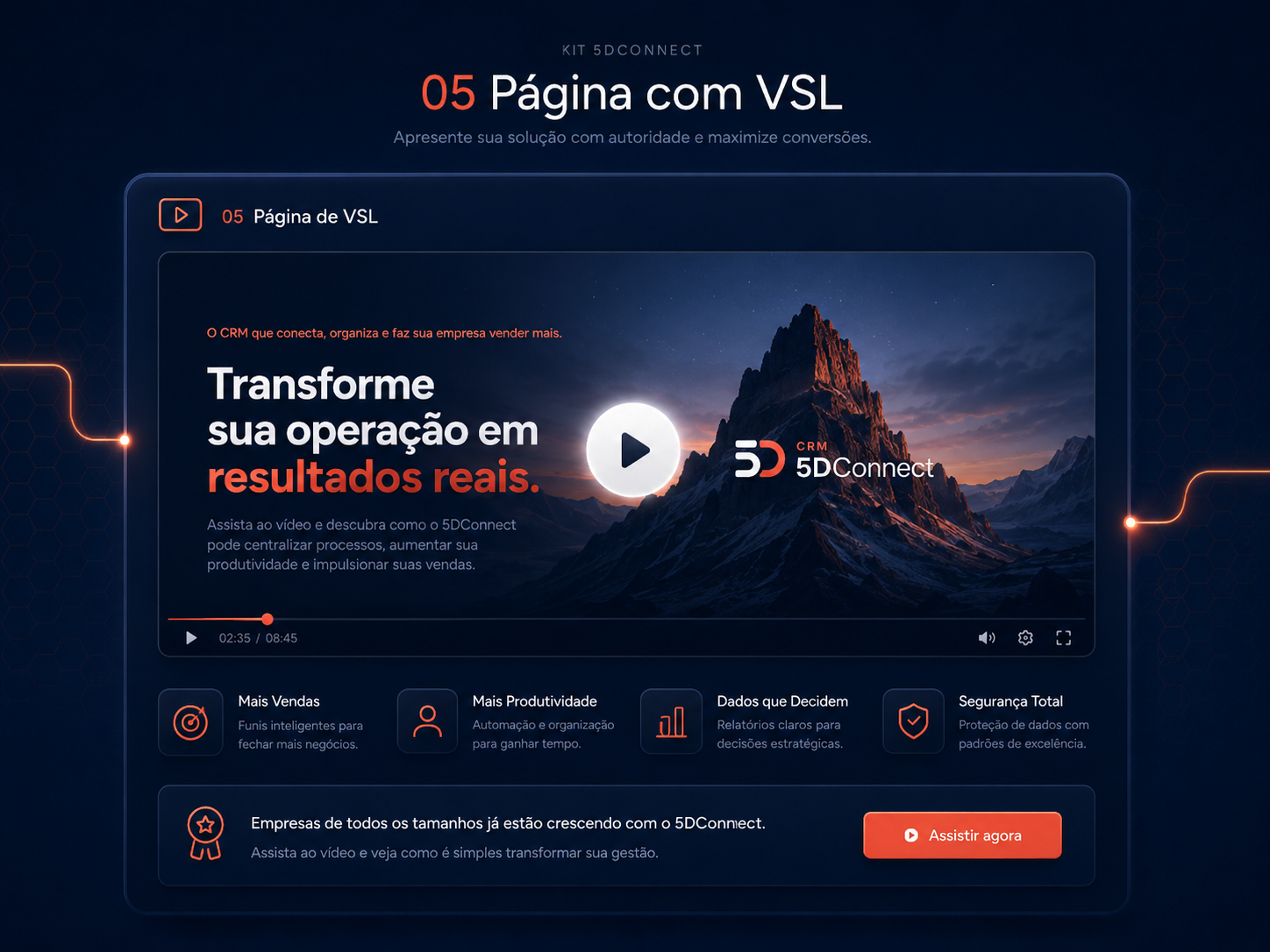 Página com VSL do CRM 5DConnect em visual premium
