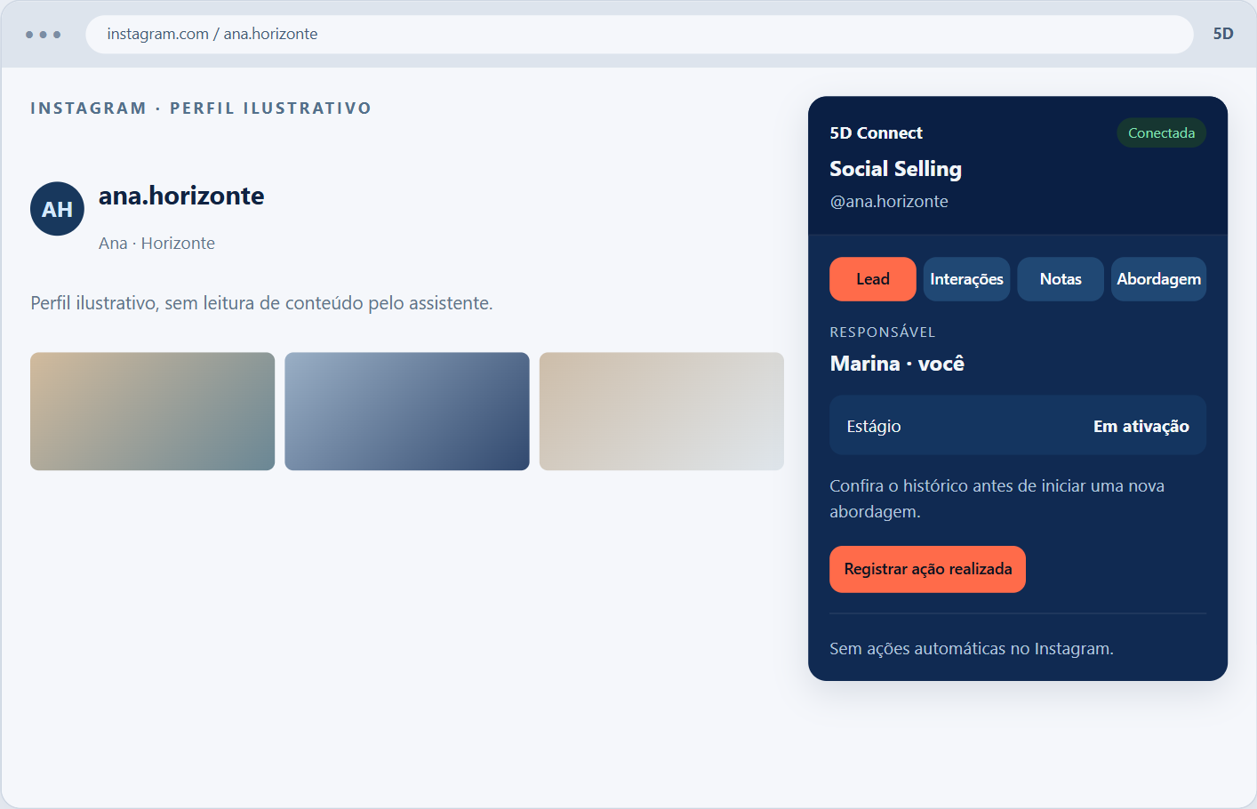 Mockup demonstrativo da extensão Social Selling conectada ao CRM 5D Connect